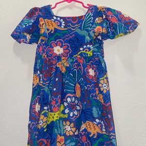 Mini Boden Pink and Orange Square Neck Puff Sleeve Dress